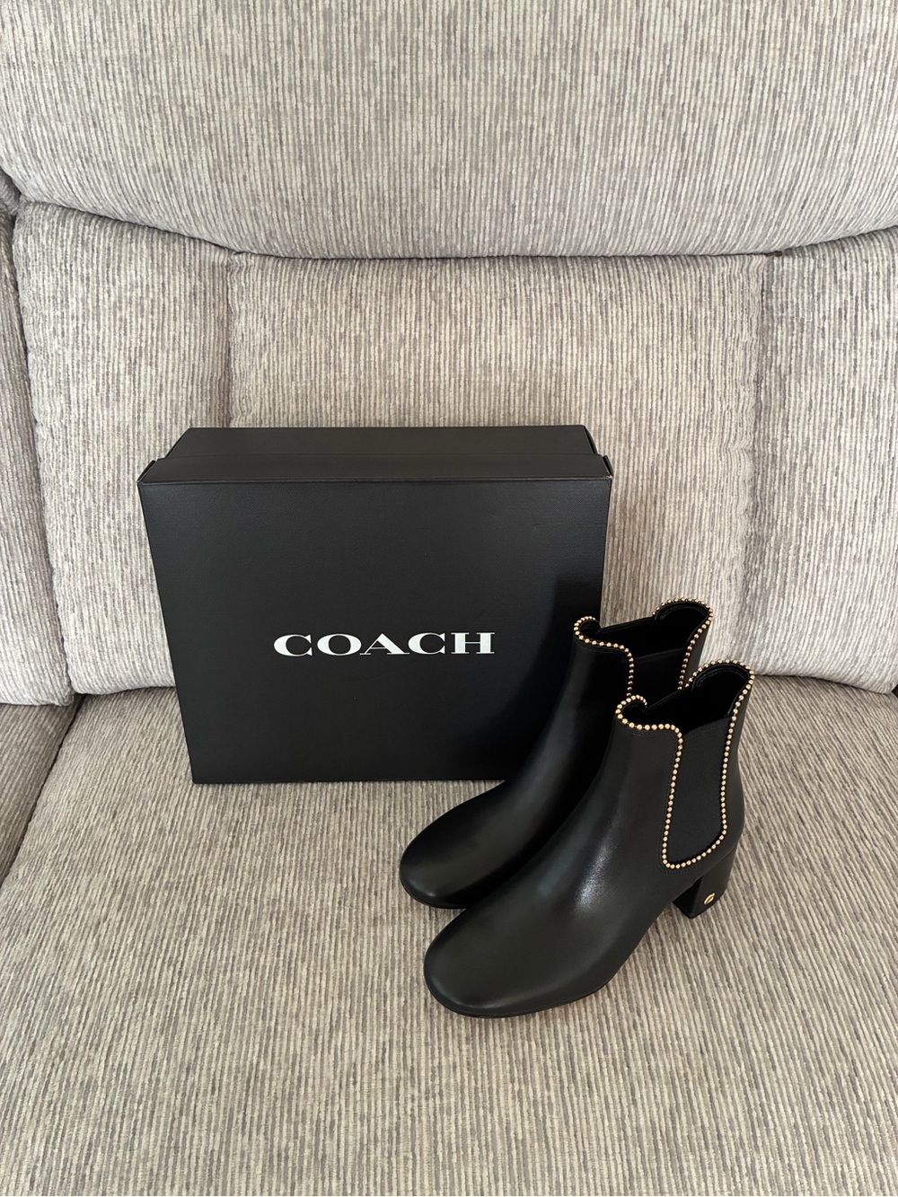 Coach Black Leather Chelsea Booties with Gold Stud Detailing